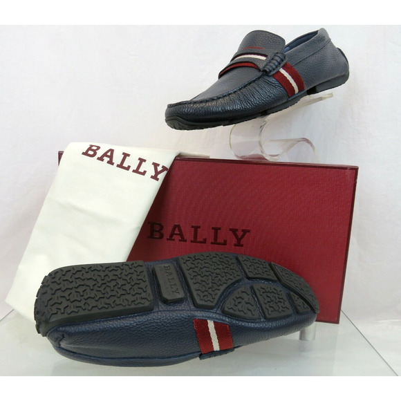 BALLY PIETRO NAVY BLUE GRAINED LEATHER WEB LOGO PENNY LOAFERS 10 D US 43 ITALY main image 12